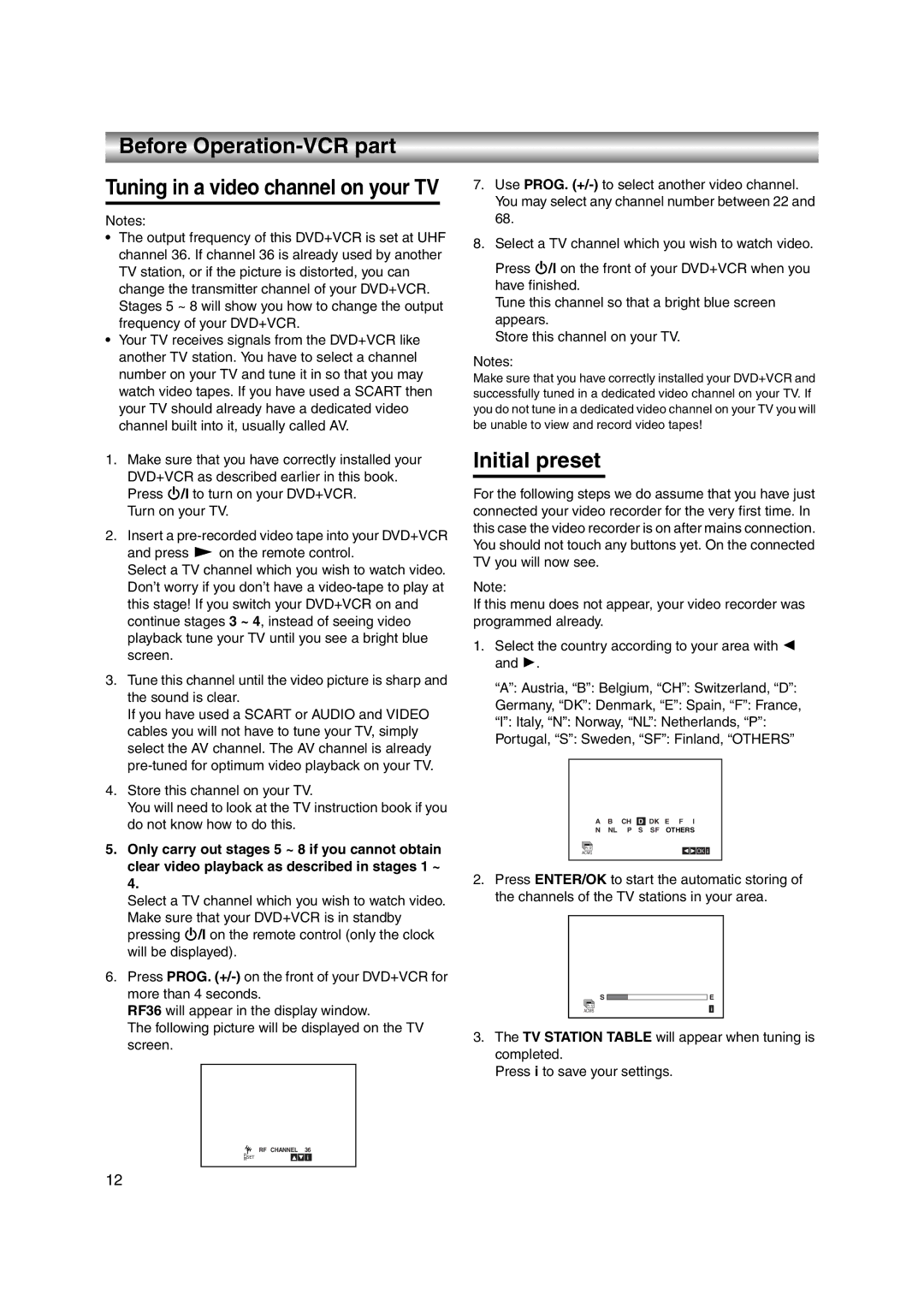 JVC LPT1056-001A manual Before Operation-VCR part, Initial preset, Only carry out stages 5 ~ 8 if you cannot obtain 