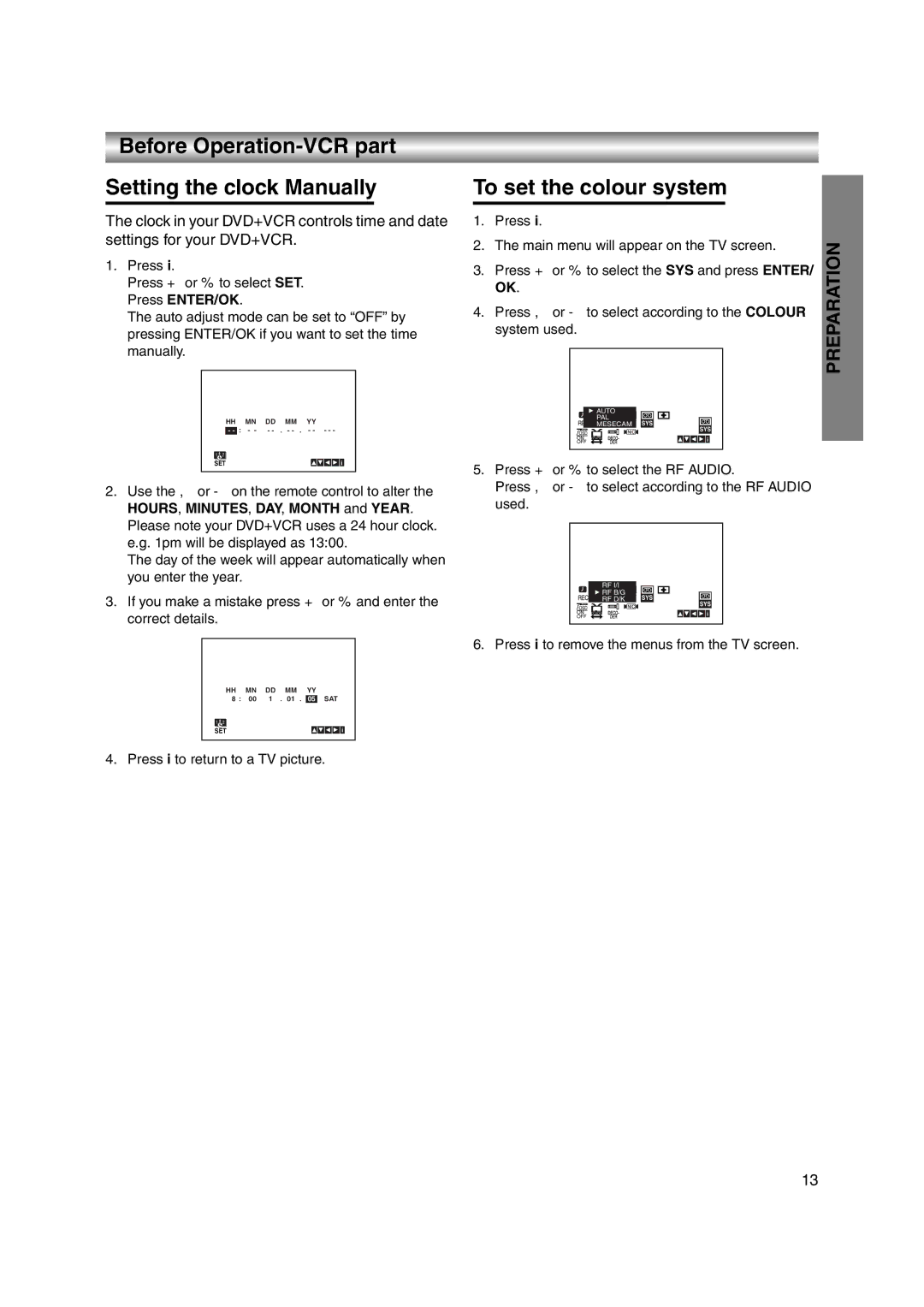 JVC LPT1056-001A manual Before Operation-VCR part Setting the clock Manually, To set the colour system 