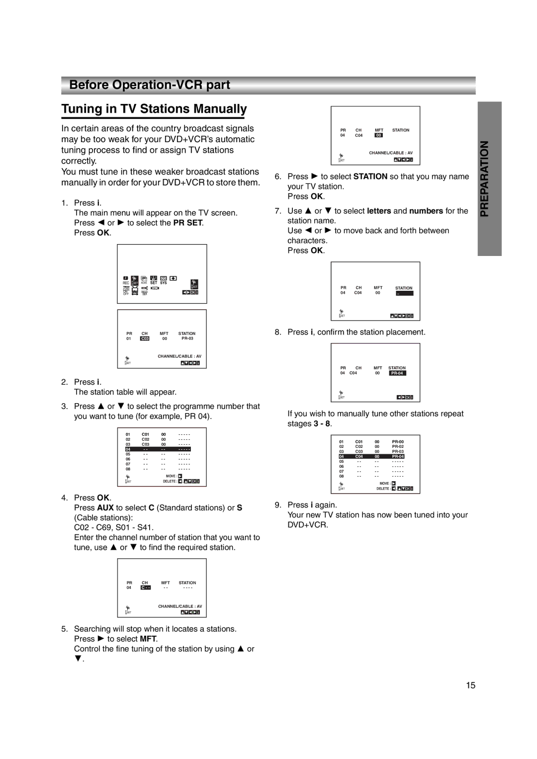 JVC LPT1056-001A manual Before Operation-VCR part Tuning in TV Stations Manually 