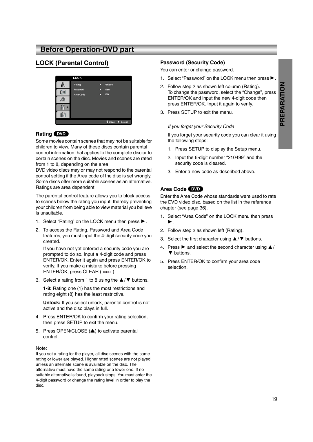 JVC LPT1056-001A manual Lock Parental Control, Rating DVD, Password Security Code, Area Code DVD 