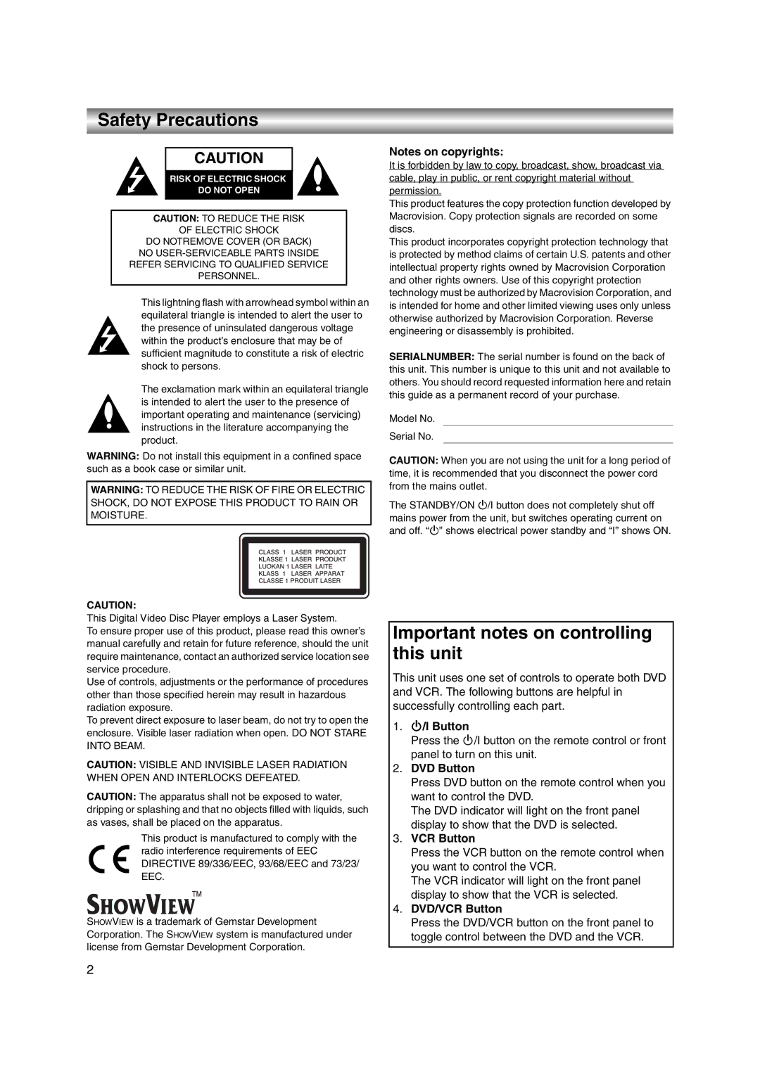 JVC LPT1056-001A manual Safety Precautions, Important notes on controlling this unit 