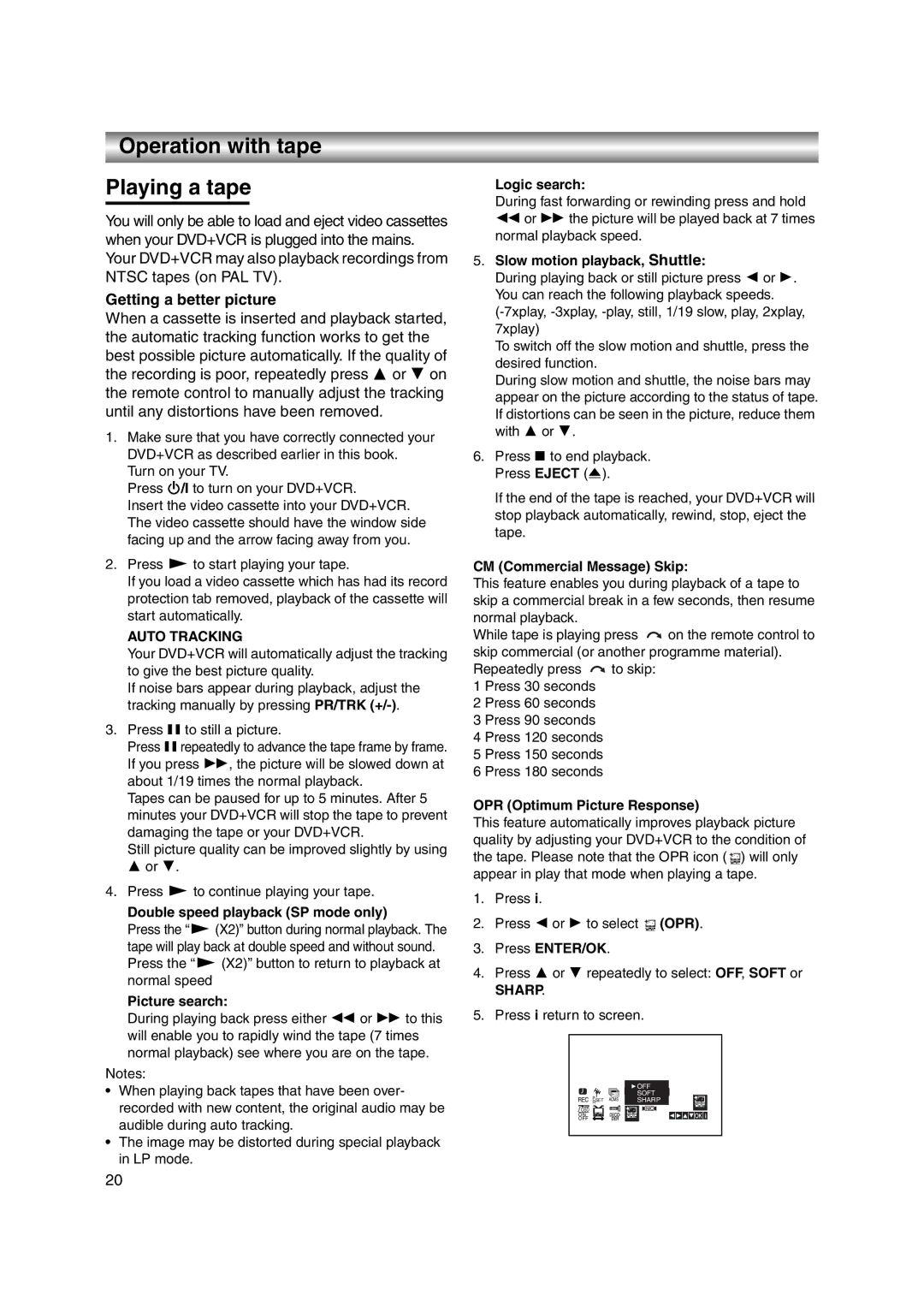 JVC LPT1056-001A manual Operation with tape Playing a tape, Getting a better picture, Auto Tracking, Sharp 