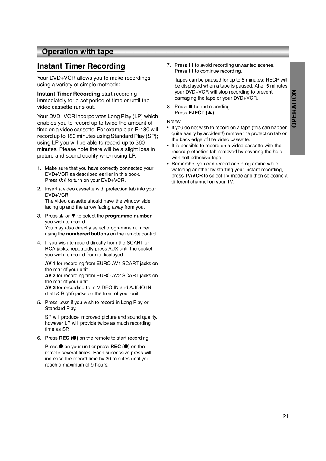 JVC LPT1056-001A manual Operation with tape Instant Timer Recording 