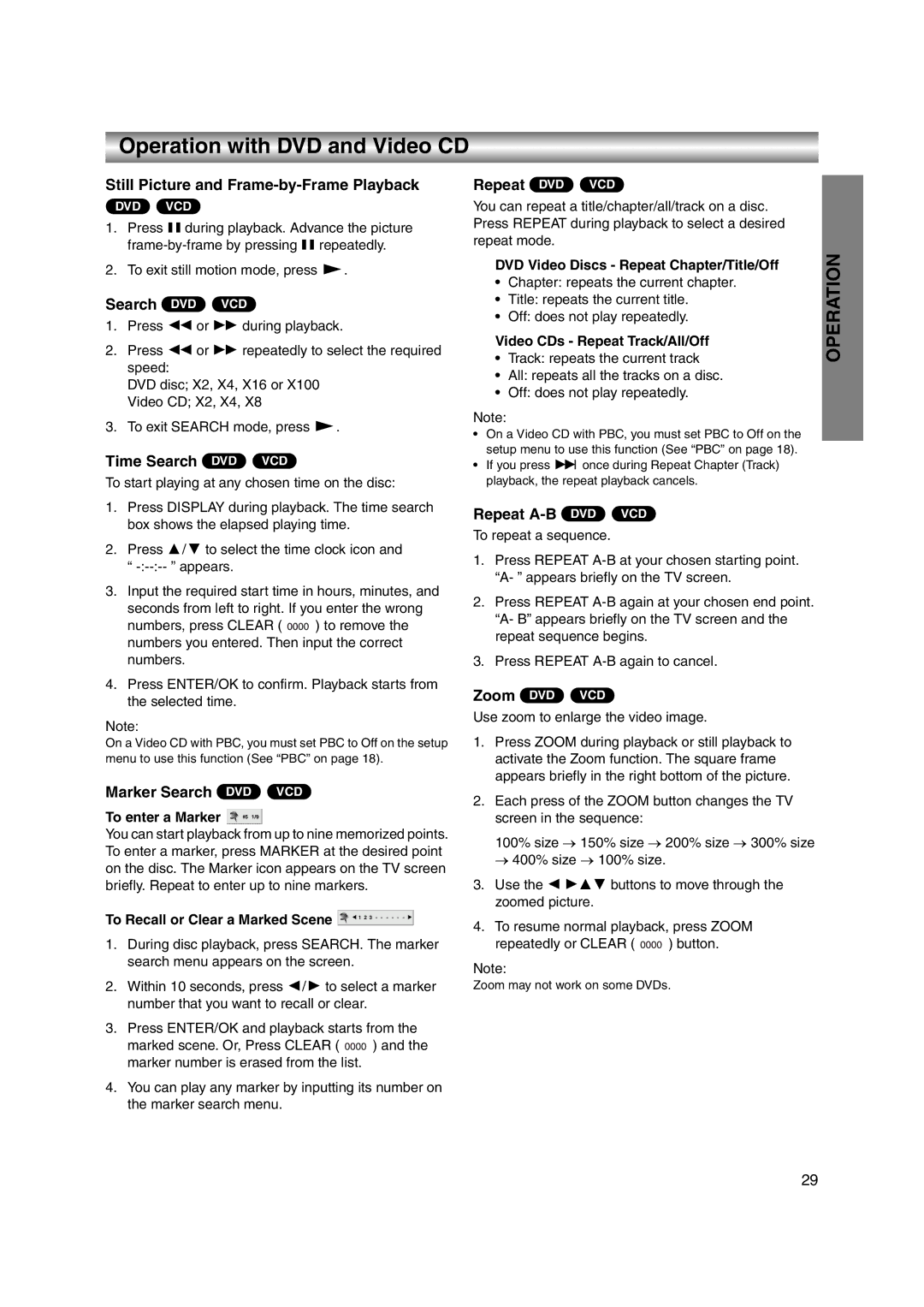 JVC LPT1056-001A Still Picture and Frame-by-Frame Playback, Time Search DVD VCD, Marker Search DVD VCD, Repeat DVD VCD 