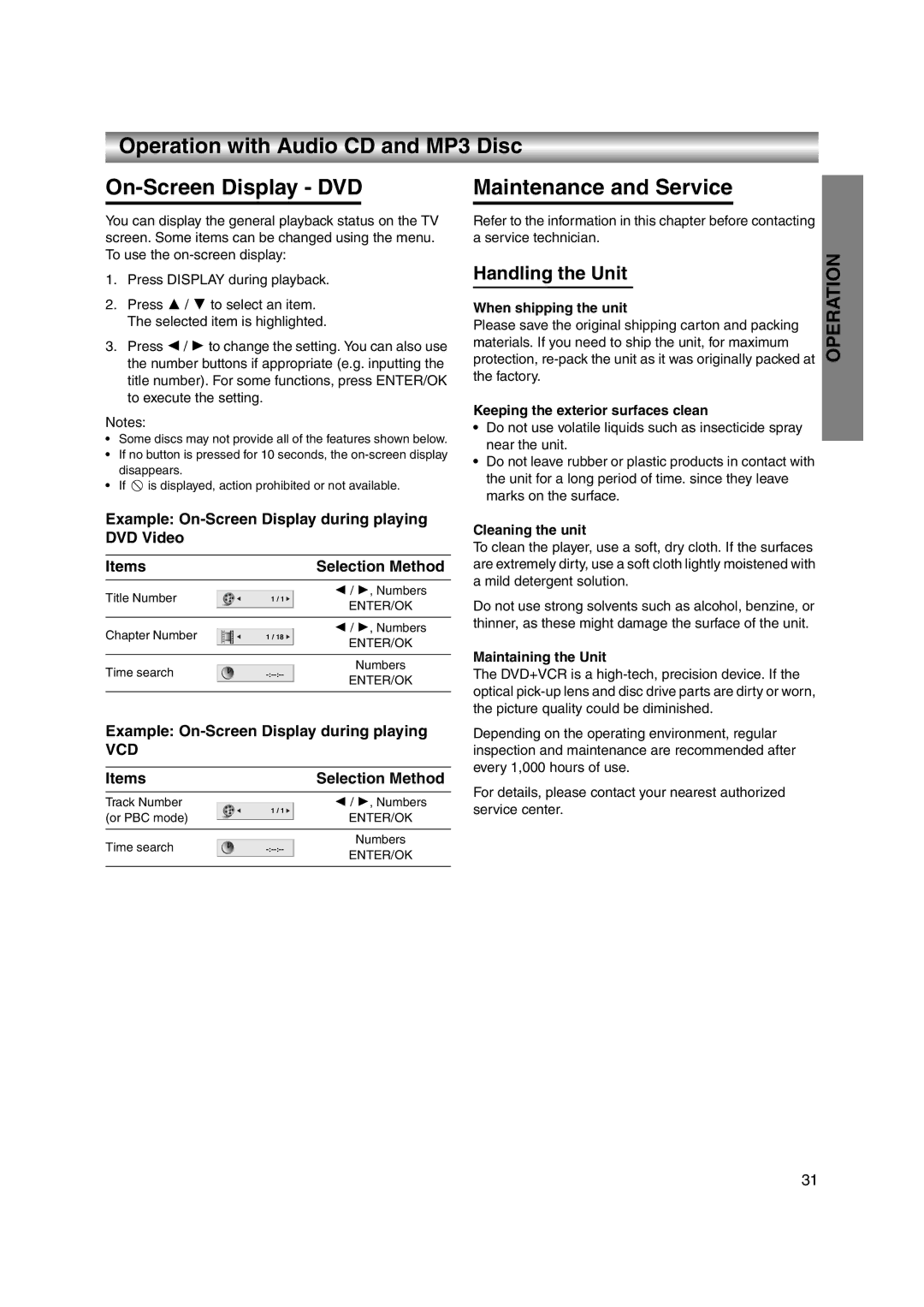 JVC LPT1056-001A Operation with Audio CD and MP3 Disc On-Screen Display DVD, Handling the Unit, Items Selection Method 