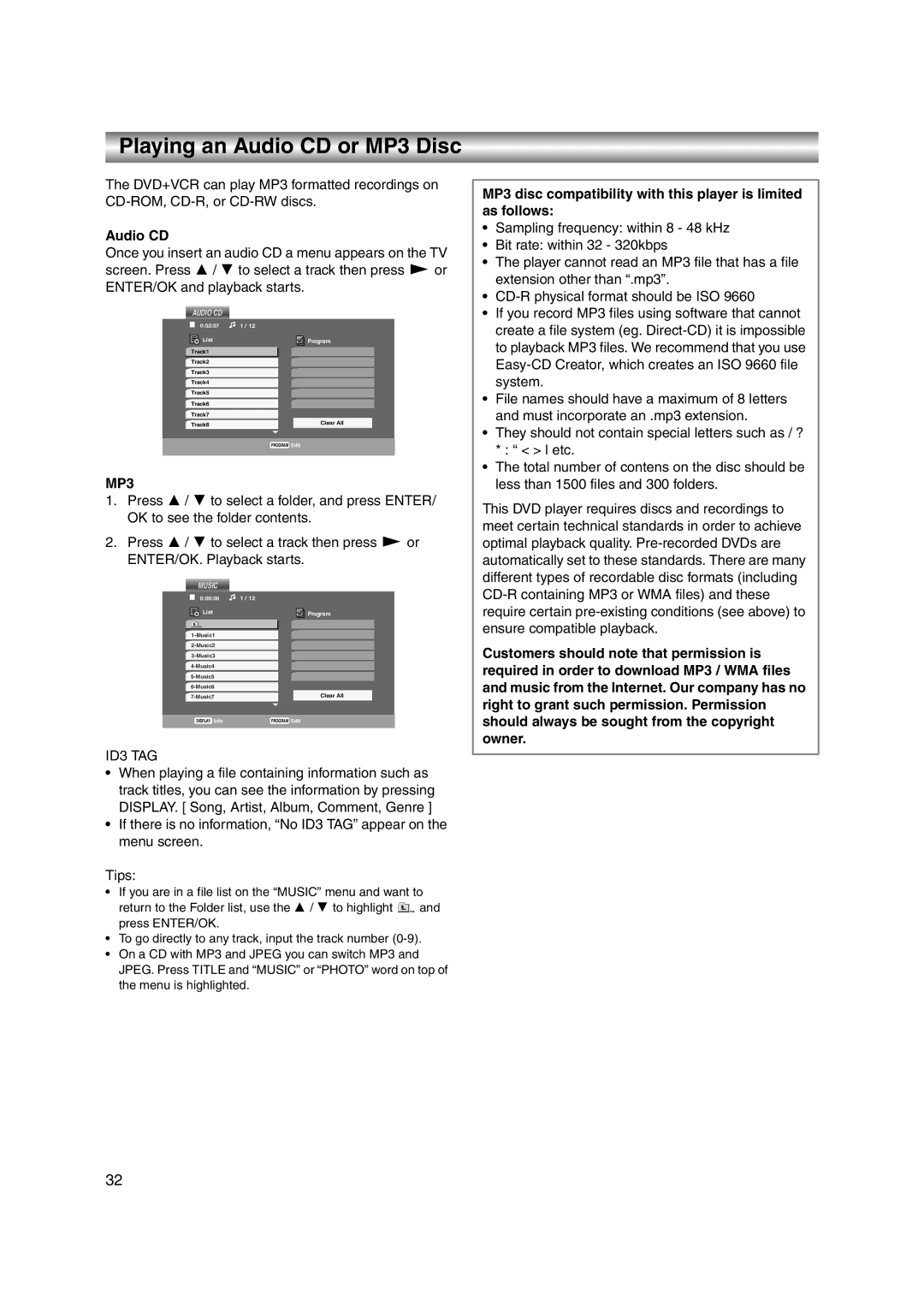 JVC LPT1056-001A manual Playing an Audio CD or MP3 Disc 