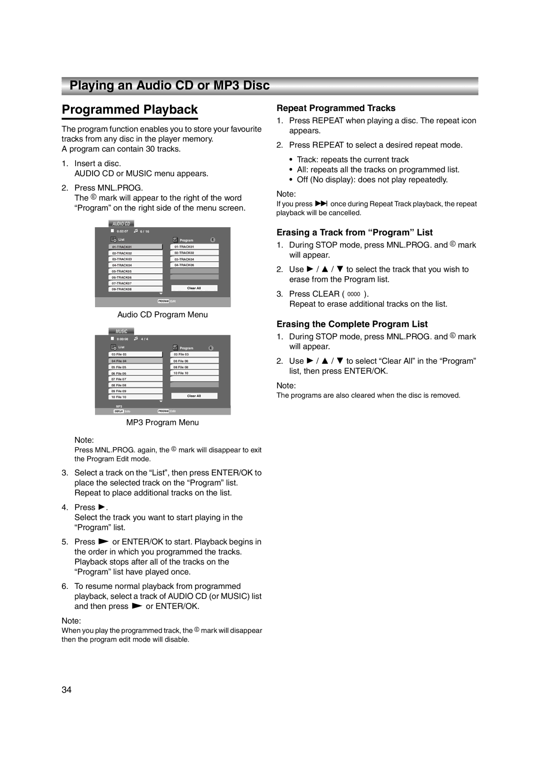 JVC LPT1056-001A manual Playing an Audio CD or MP3 Disc Programmed Playback, Repeat Programmed Tracks 