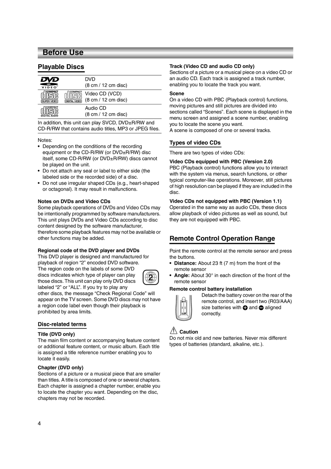 JVC LPT1056-001A manual Before Use, Playable Discs, Remote Control Operation Range, Types of video CDs, Disc-related terms 