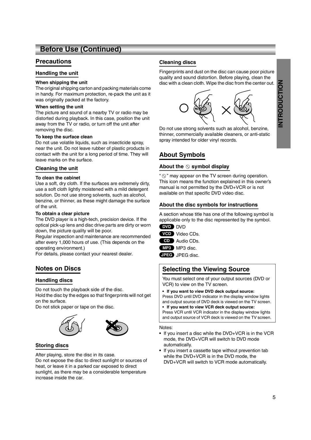 JVC LPT1056-001A manual Precautions, About Symbols, Selecting the Viewing Source 