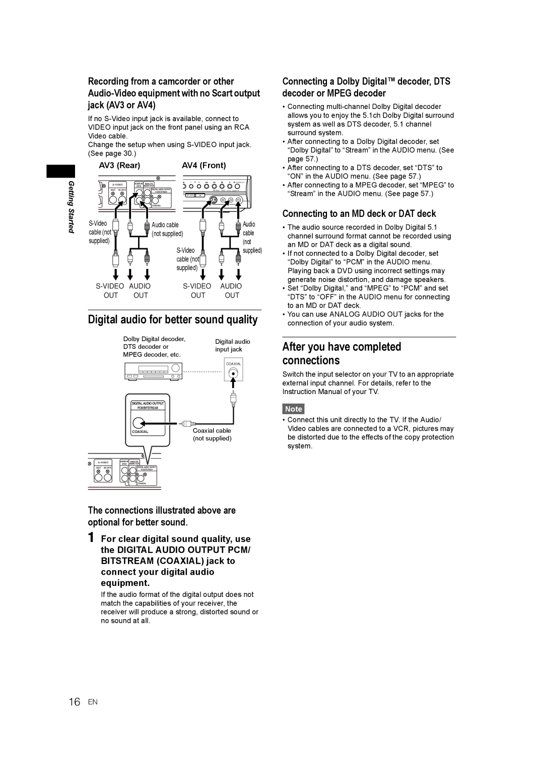 JVC LPT1081-001A manual Digital audio for better sound quality, After you have completed connections, AV3 Rear AV4 Front 