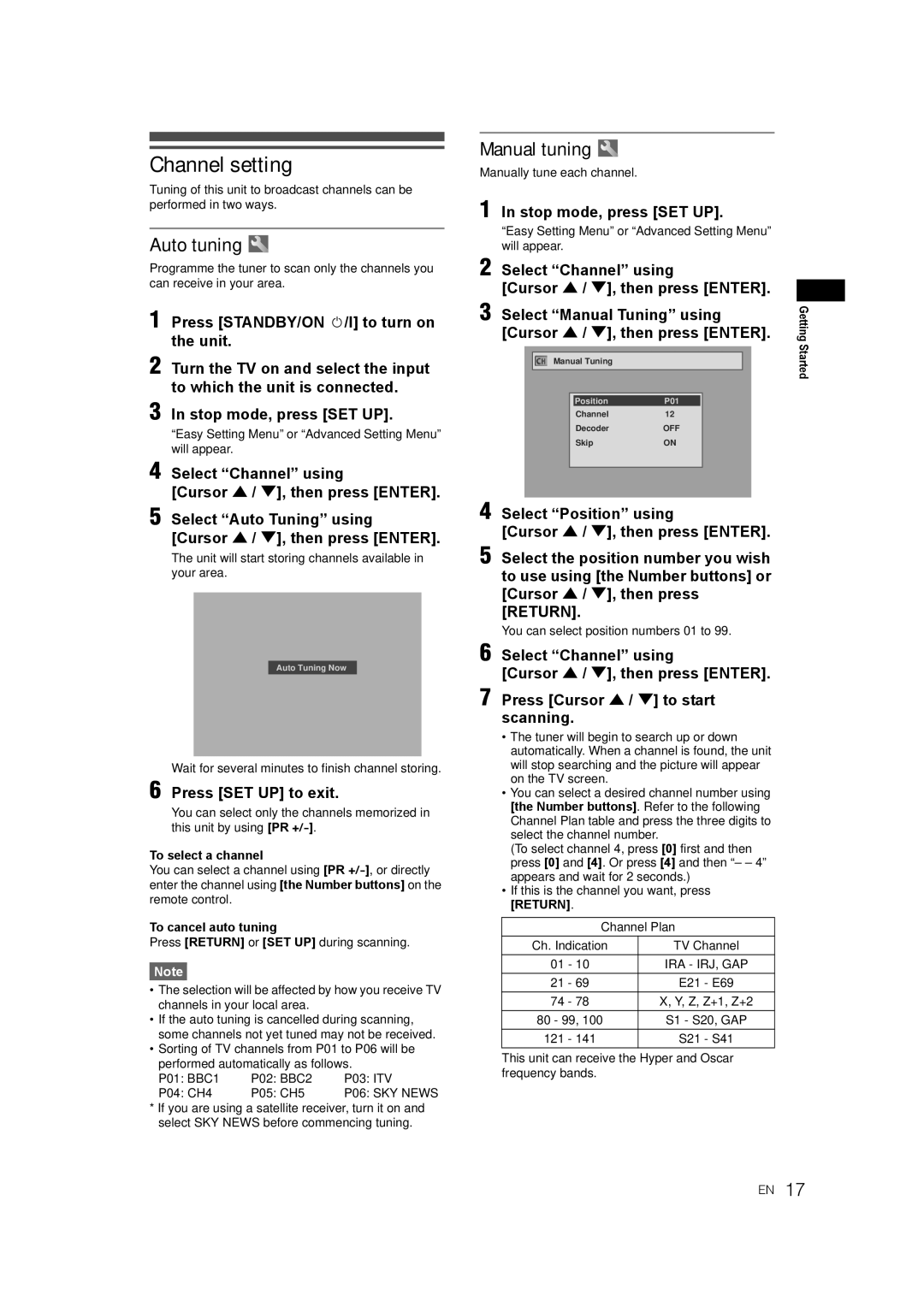 JVC LPT1081-001A manual Channel setting, Auto tuning, Manual tuning, Press SET UP to exit 