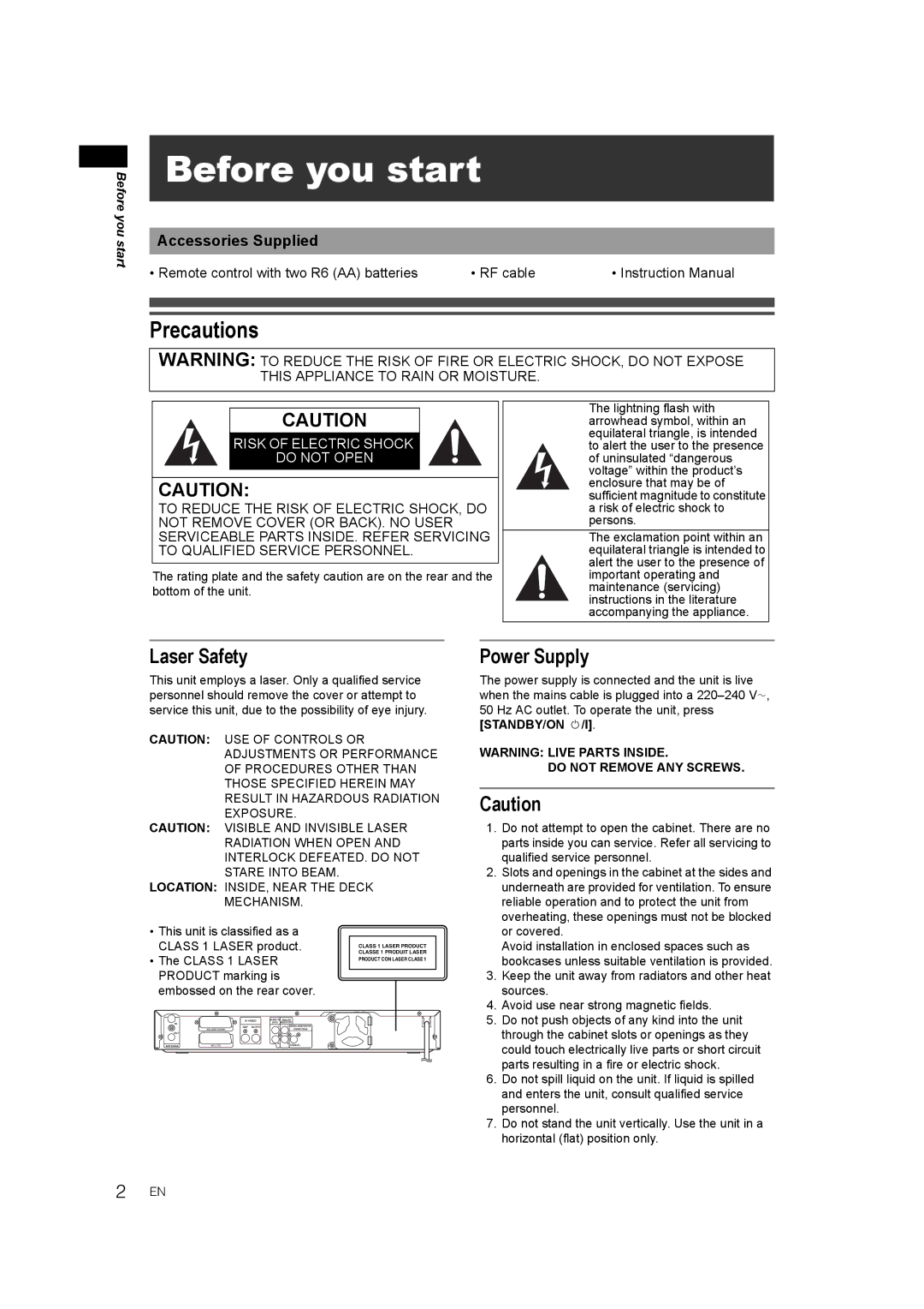 JVC LPT1081-001A manual Precautions, Laser Safety, Power Supply, Accessories Supplied 