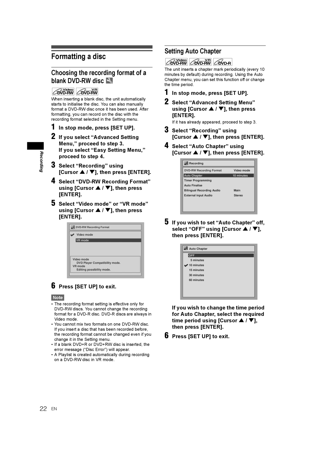 JVC LPT1081-001A manual Formatting a disc, Choosing the recording format of a blank DVD-RW disc, Setting Auto Chapter 