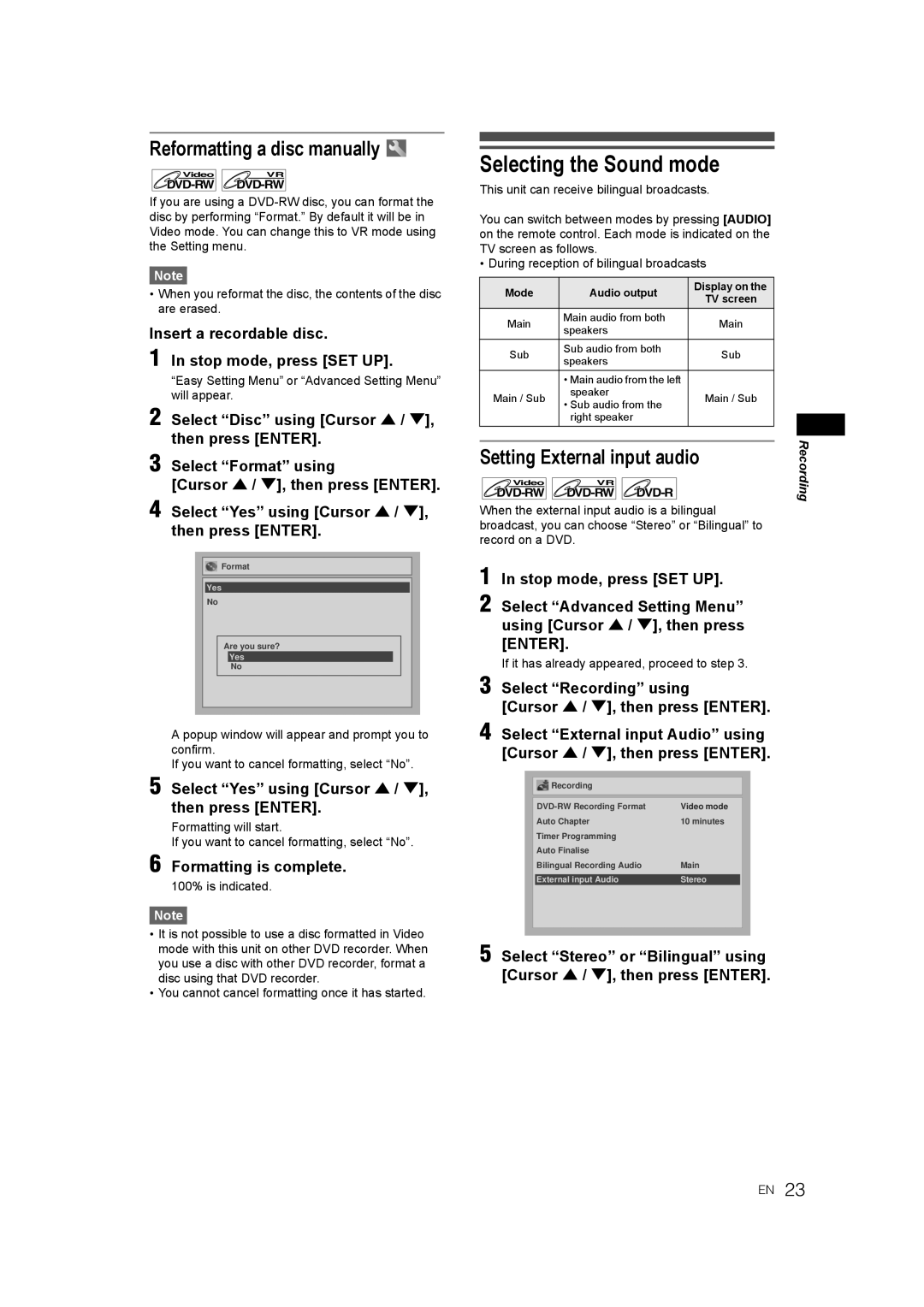 JVC LPT1081-001A Selecting the Sound mode, Reformatting a disc manually, Setting External input audio 