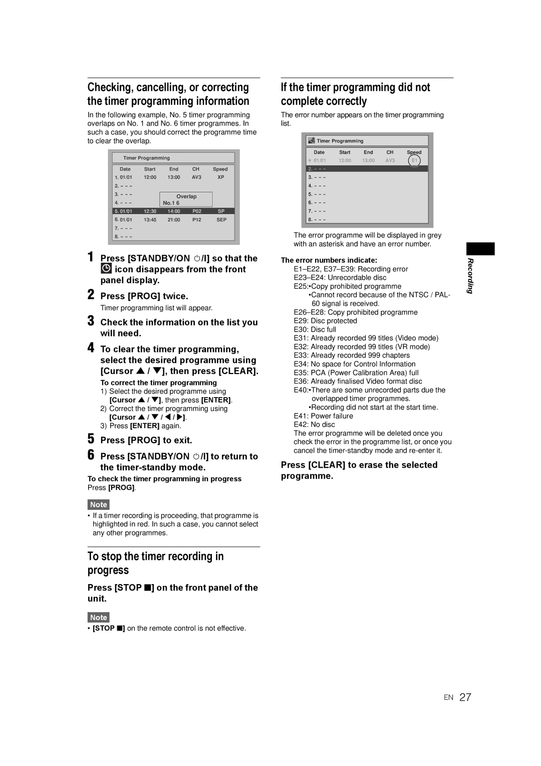 JVC LPT1081-001A manual If the timer programming did not complete correctly, Press Clear to erase the selected programme 