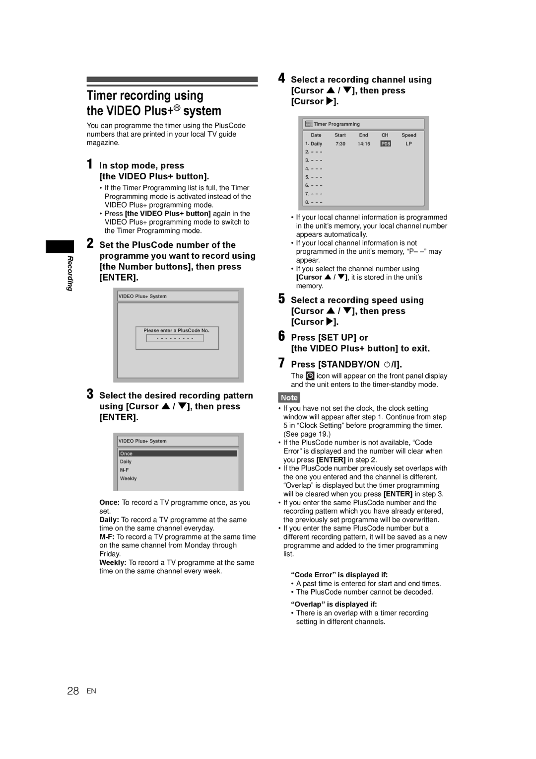 JVC LPT1081-001A manual Timer recording using the Video Plus+ system, Stop mode, press the Video Plus+ button 