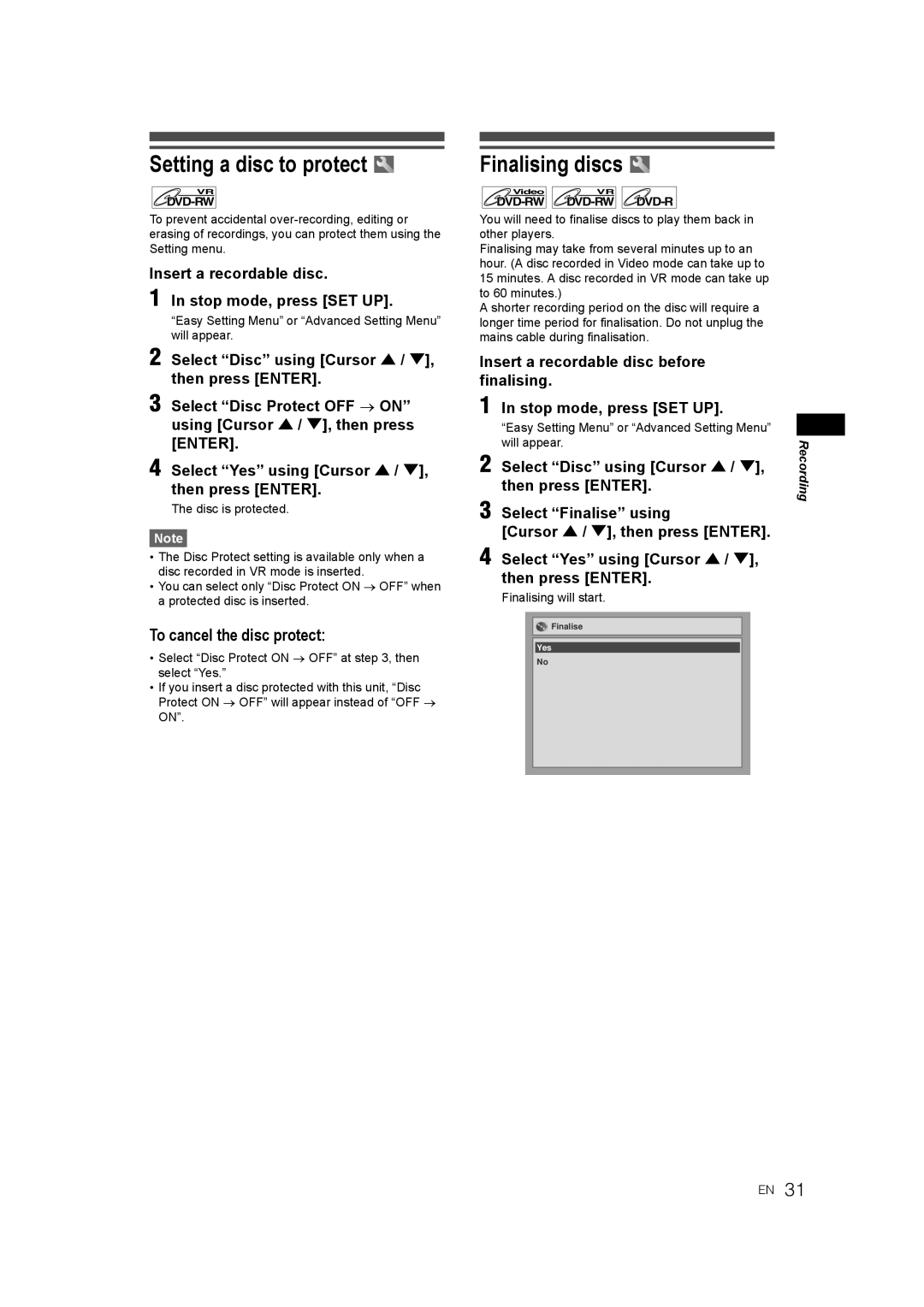 JVC LPT1081-001A manual Finalising discs, Finalising will start 