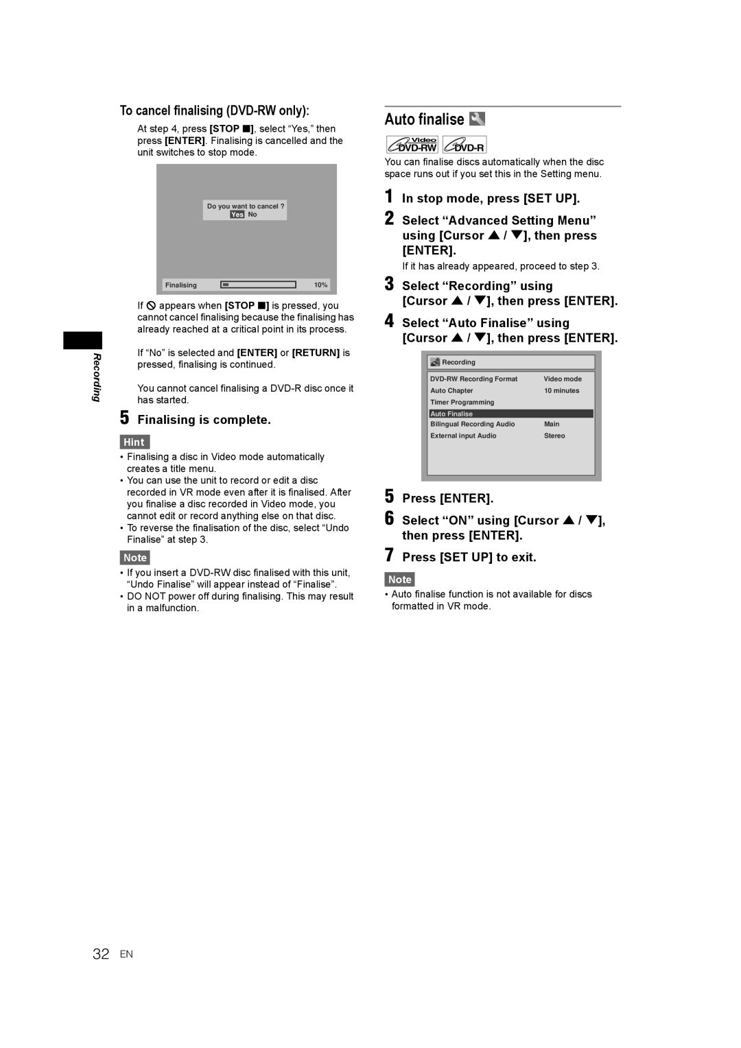 JVC LPT1081-001A manual Auto finalise, To cancel finalising DVD-RW only, Finalising is complete 