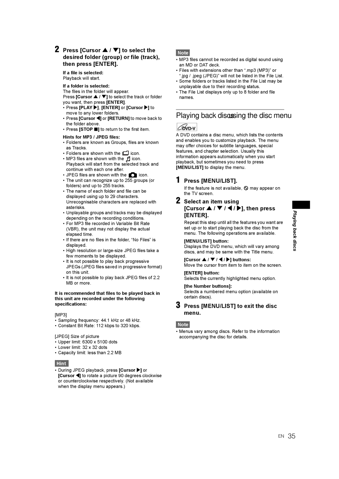 JVC LPT1081-001A manual Playing back discs using the disc menu, Press MENU/LIST to exit the disc menu 