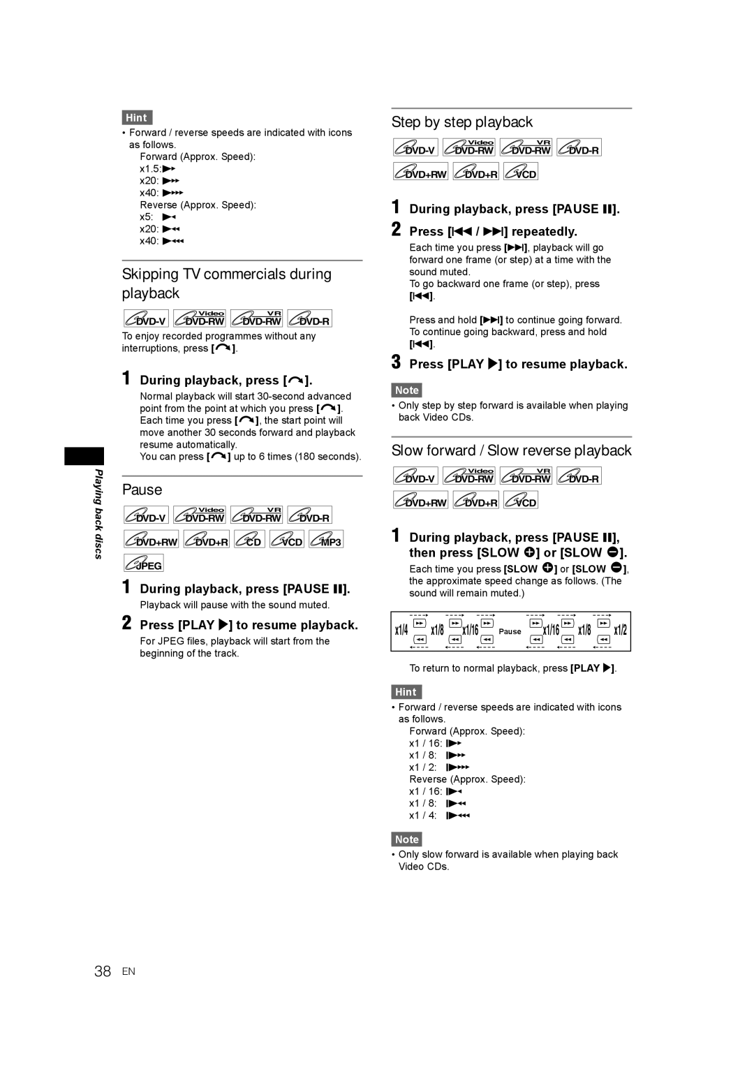 JVC LPT1081-001A manual Skipping TV commercials during playback, Pause, Step by step playback 