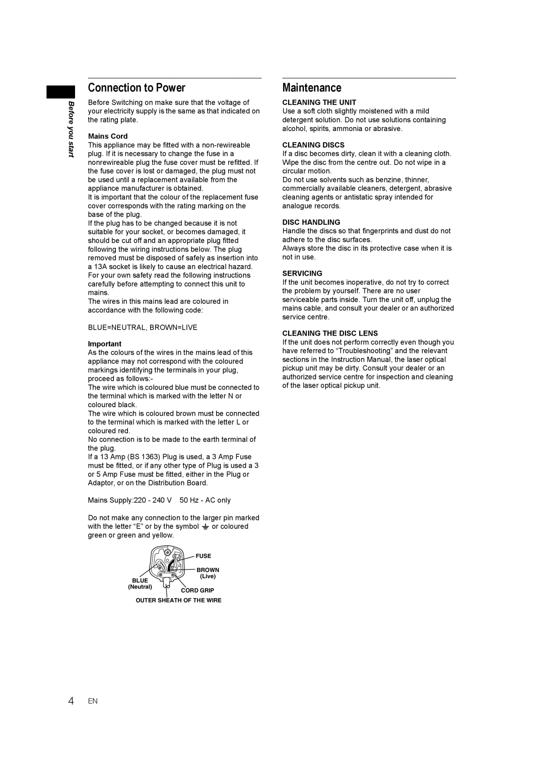 JVC LPT1081-001A manual Connection to Power, Maintenance, Mains Cord 