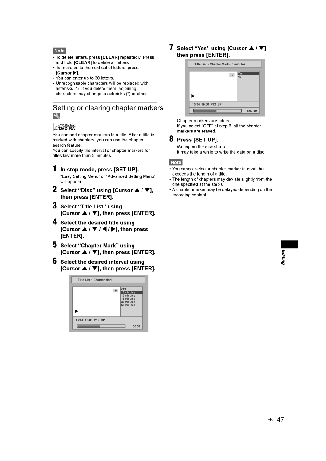 JVC LPT1081-001A manual Setting or clearing chapter markers, Press SET UP 