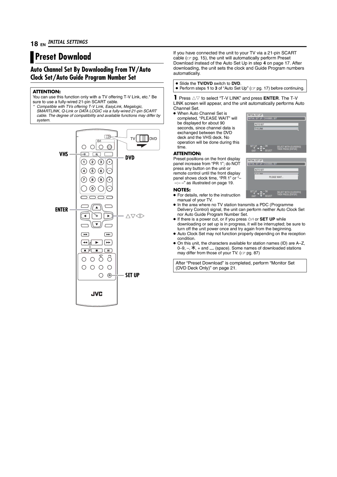 JVC LPT1092-001A manual Preset Download, Clock Set/Auto Guide Program Number Set 