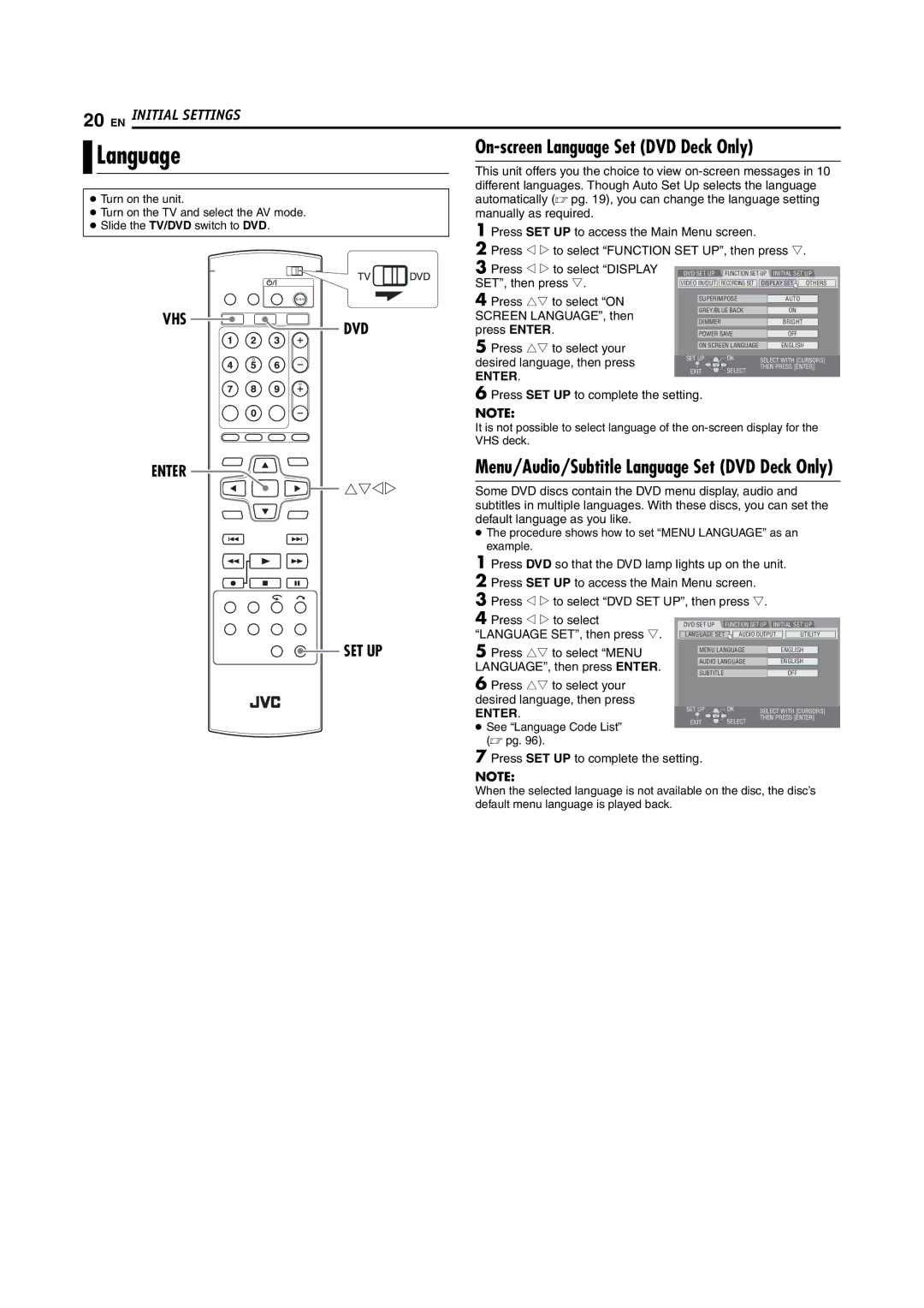 JVC LPT1092-001A manual Language, Vhs 