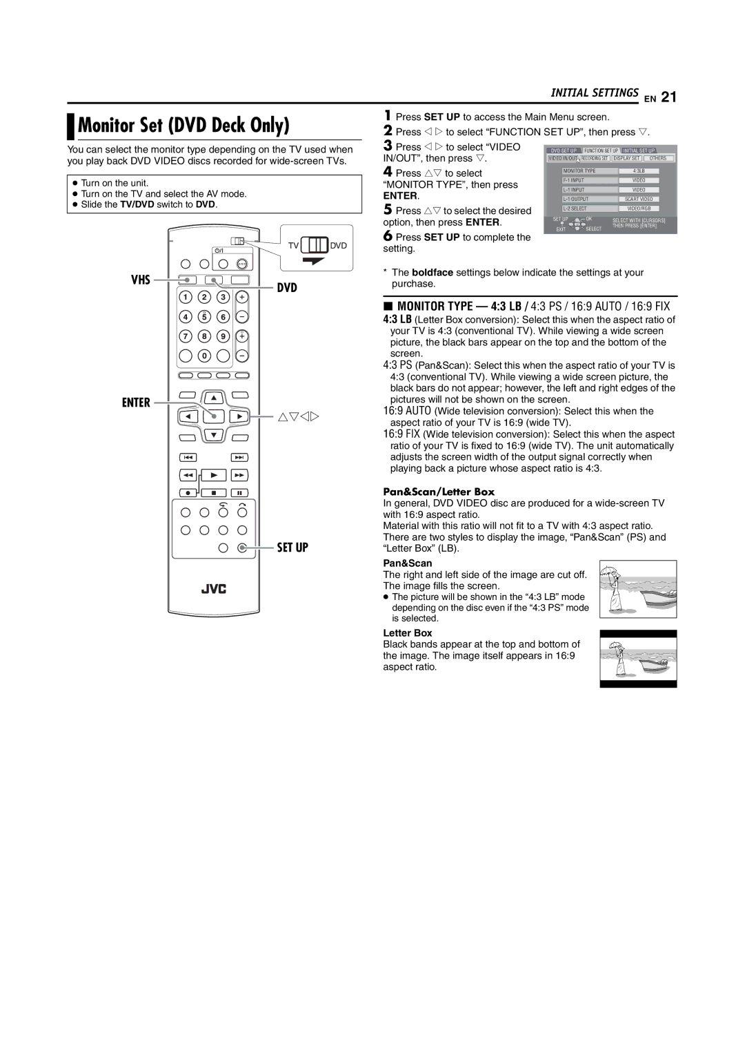 JVC LPT1092-001A manual Monitor Set DVD Deck Only, VHS DVD Enter SET UP, Pan&Scan/Letter Box 