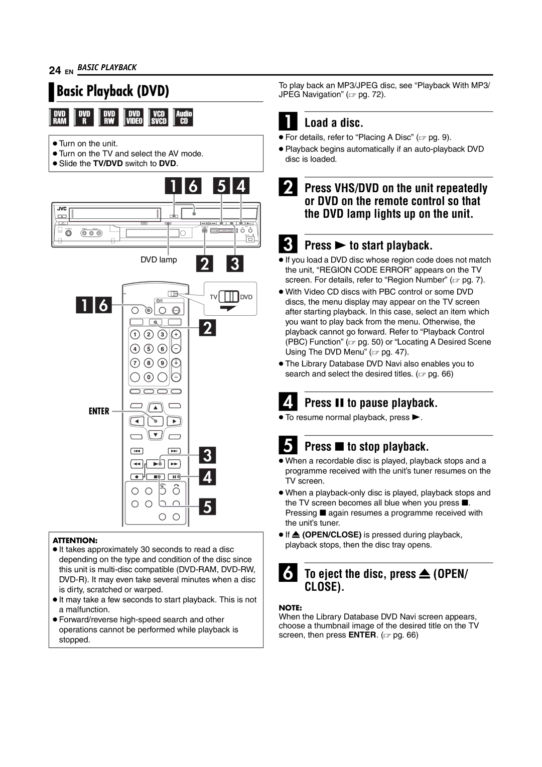 JVC LPT1092-001A manual Basic Playback DVD, Load a disc 