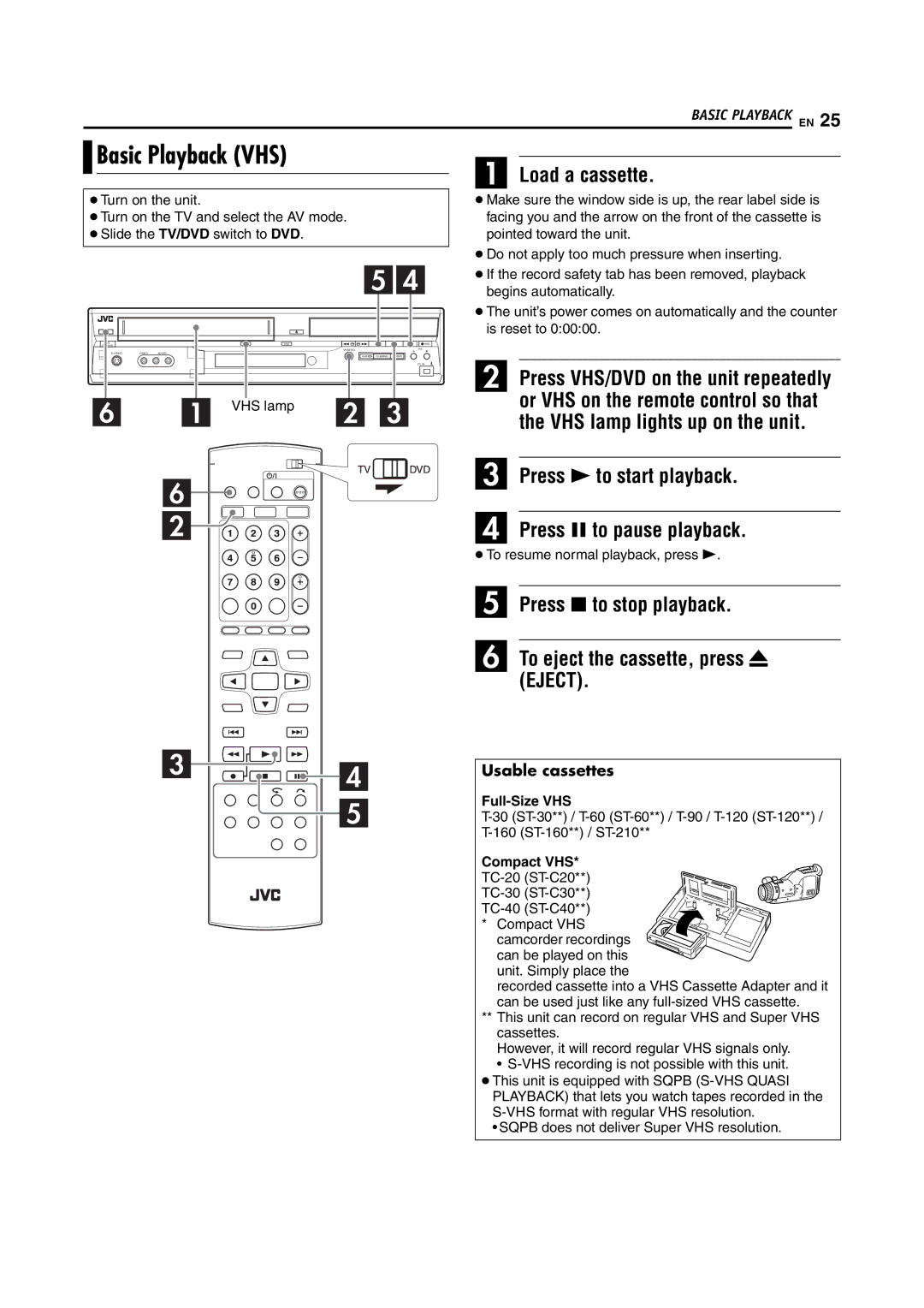 JVC LPT1092-001A manual Basic Playback VHS, Usable cassettes, Compact VHS camcorder recordings can be played on this 