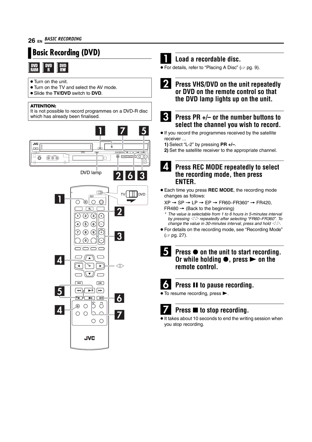 JVC LPT1092-001A manual Basic Recording DVD, Load a recordable disc 