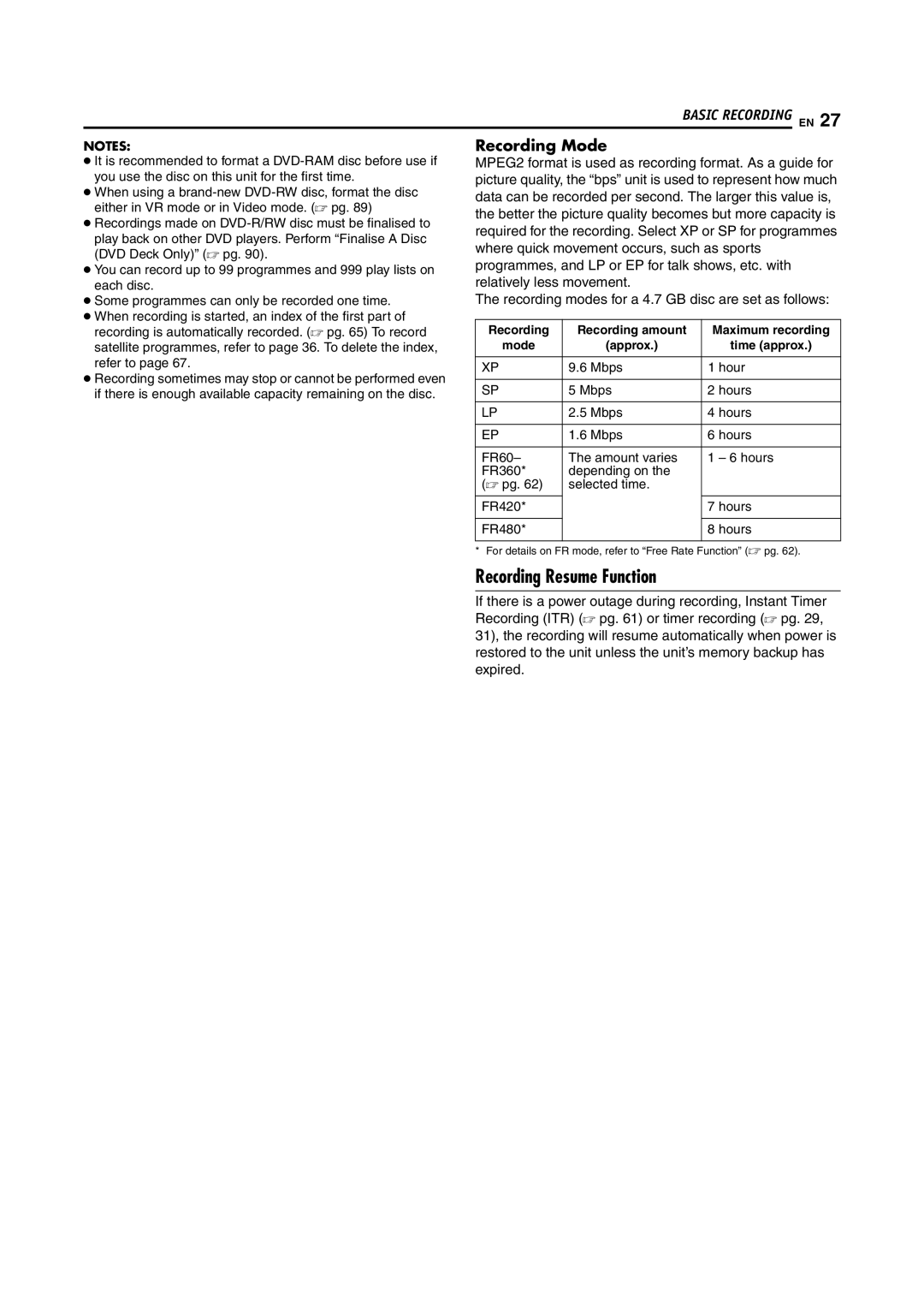 JVC LPT1092-001A manual Recording Resume Function, Recording Mode, Recording Recording amount, Mode Approx Time approx 