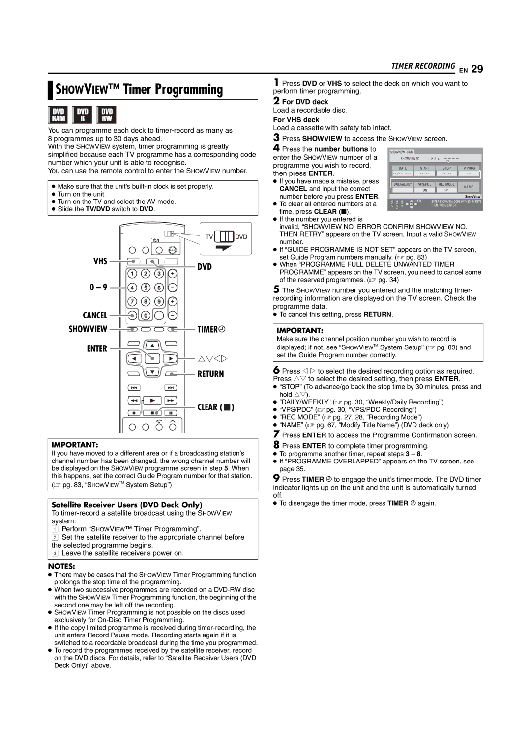 JVC LPT1092-001A manual VHS DVD Cancel Showview Timer Enter Return, Clear, Satellite Receiver Users DVD Deck Only 