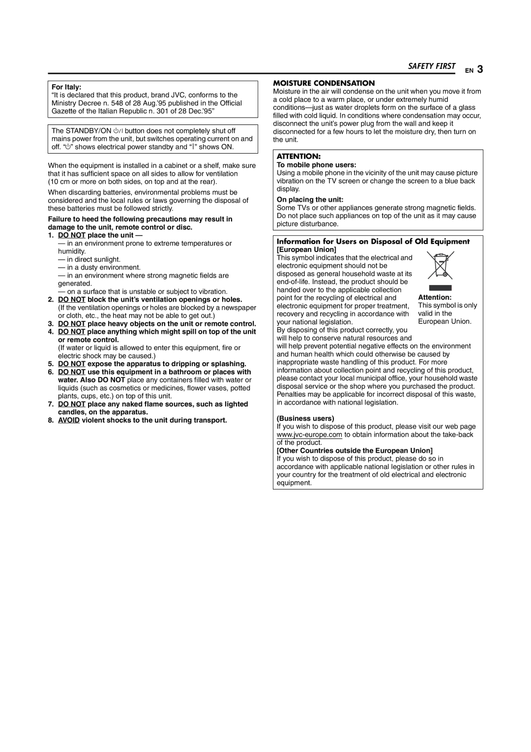 JVC LPT1092-001A manual For Italy, Do not place the unit, Do not block the unit’s ventilation openings or holes 