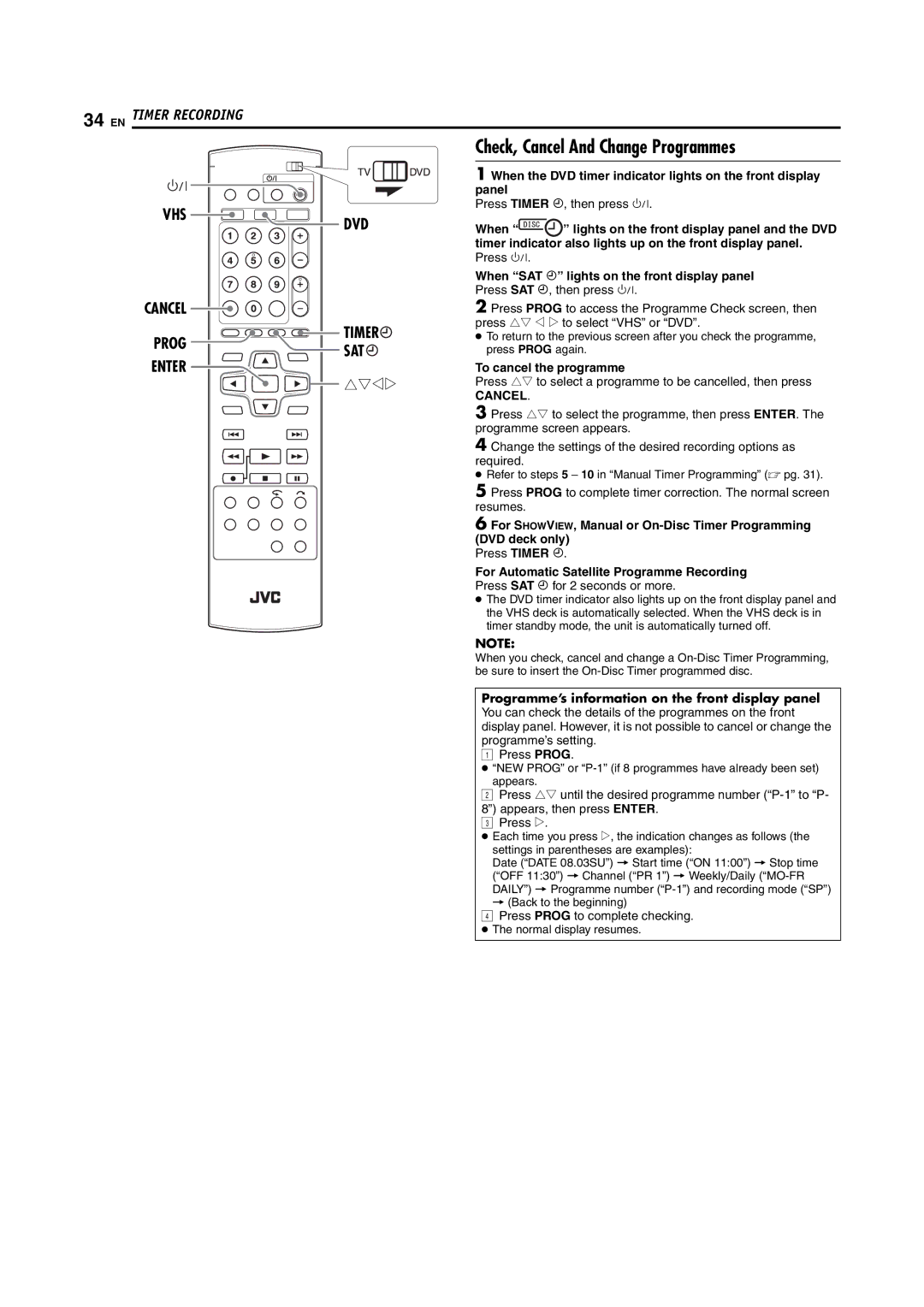 JVC LPT1092-001A manual Check, Cancel And Change Programmes, Sat, Rtwe, To cancel the programme 