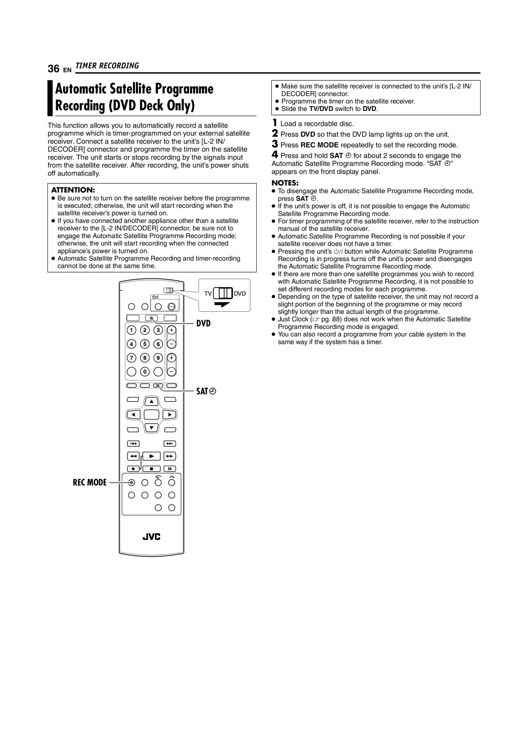 JVC LPT1092-001A manual Recording DVD Deck Only, Sat, REC Mode 