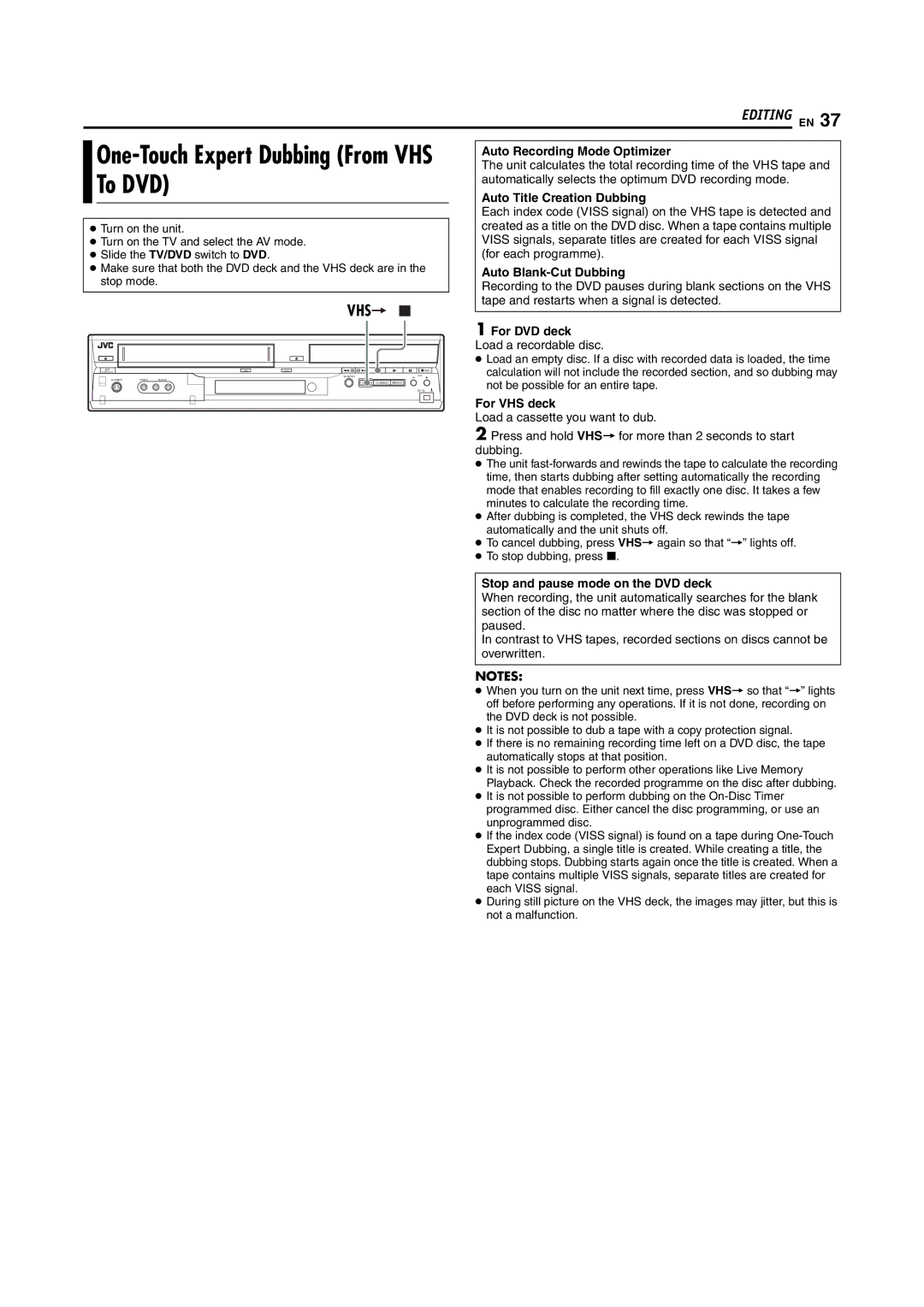 JVC LPT1092-001A manual To DVD, Auto Recording Mode Optimizer, Auto Title Creation Dubbing, Auto Blank-Cut Dubbing 