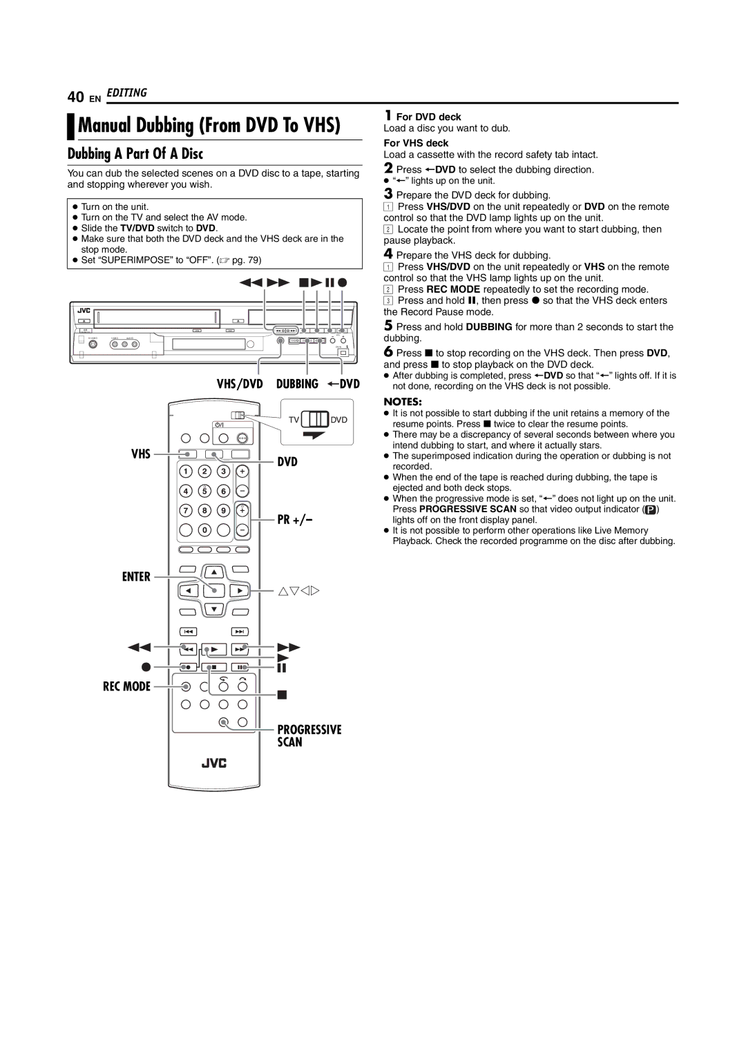 JVC LPT1092-001A manual Dubbing a Part Of a Disc, Pr +, Enter REC Mode Progressive Scan 