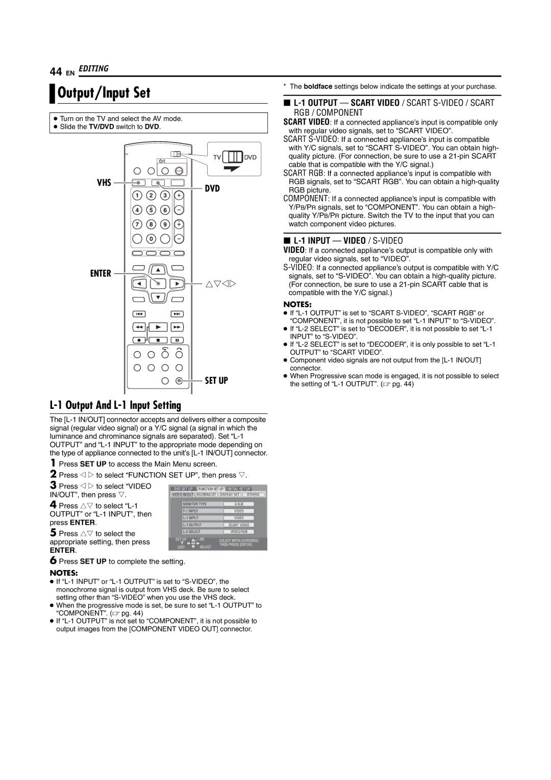 JVC LPT1092-001A manual Output/Input Set, Output And L-1 Input Setting 