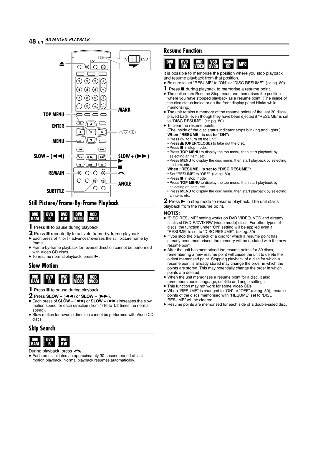 JVC LPT1092-001A manual Resume Function, Still Picture/Frame-By-Frame Playback, Slow Motion, Skip Search 