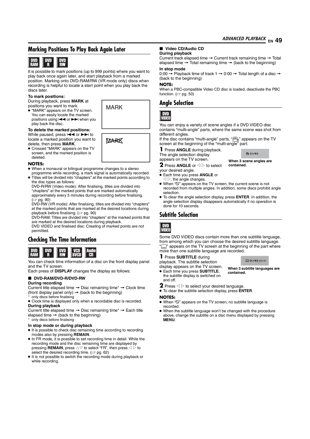 JVC LPT1092-001A manual Angle Selection, Subtitle Selection Checking The Time Information 