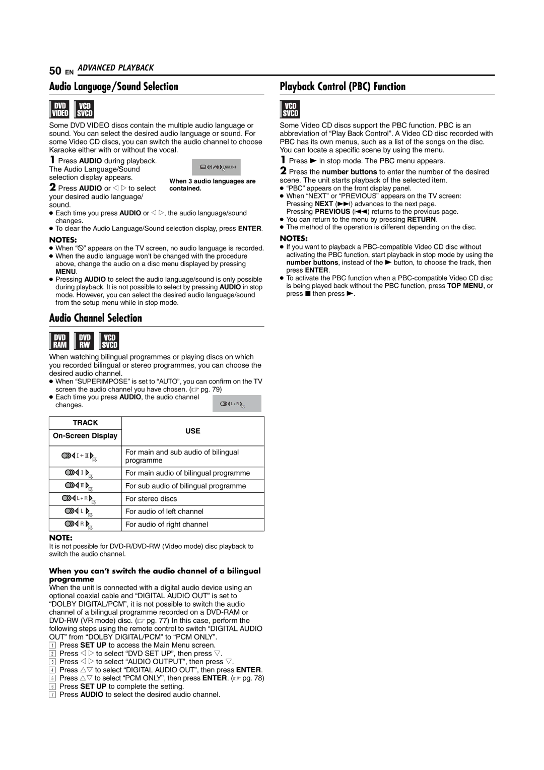 JVC LPT1092-001A manual Audio Channel Selection, Selection display appears, Press Audio or w e to select, On-Screen Display 