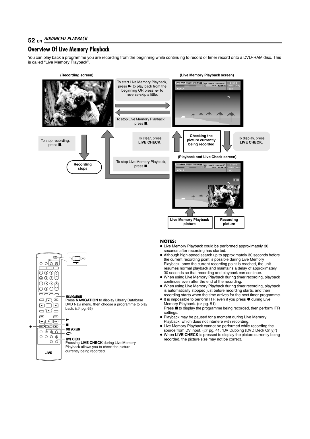 JVC LPT1092-001A manual Overview Of Live Memory Playback, Recording screen 