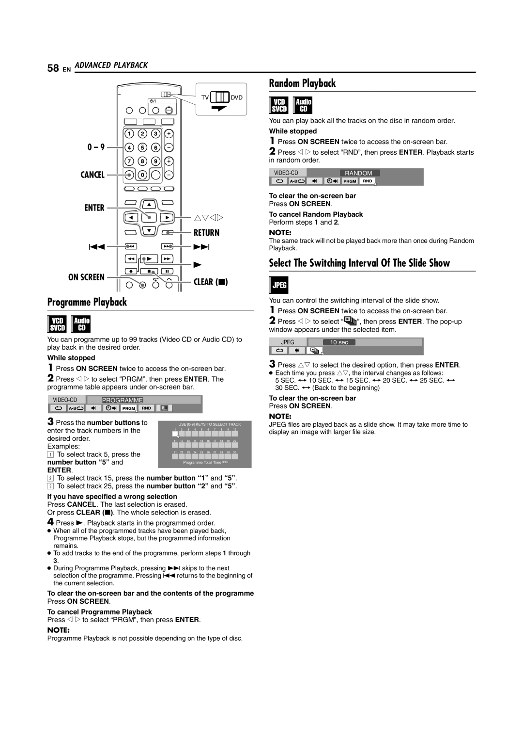 JVC LPT1092-001A manual Random Playback, Programme Playback, Cancel Enter, Select The Switching Interval Of The Slide Show 