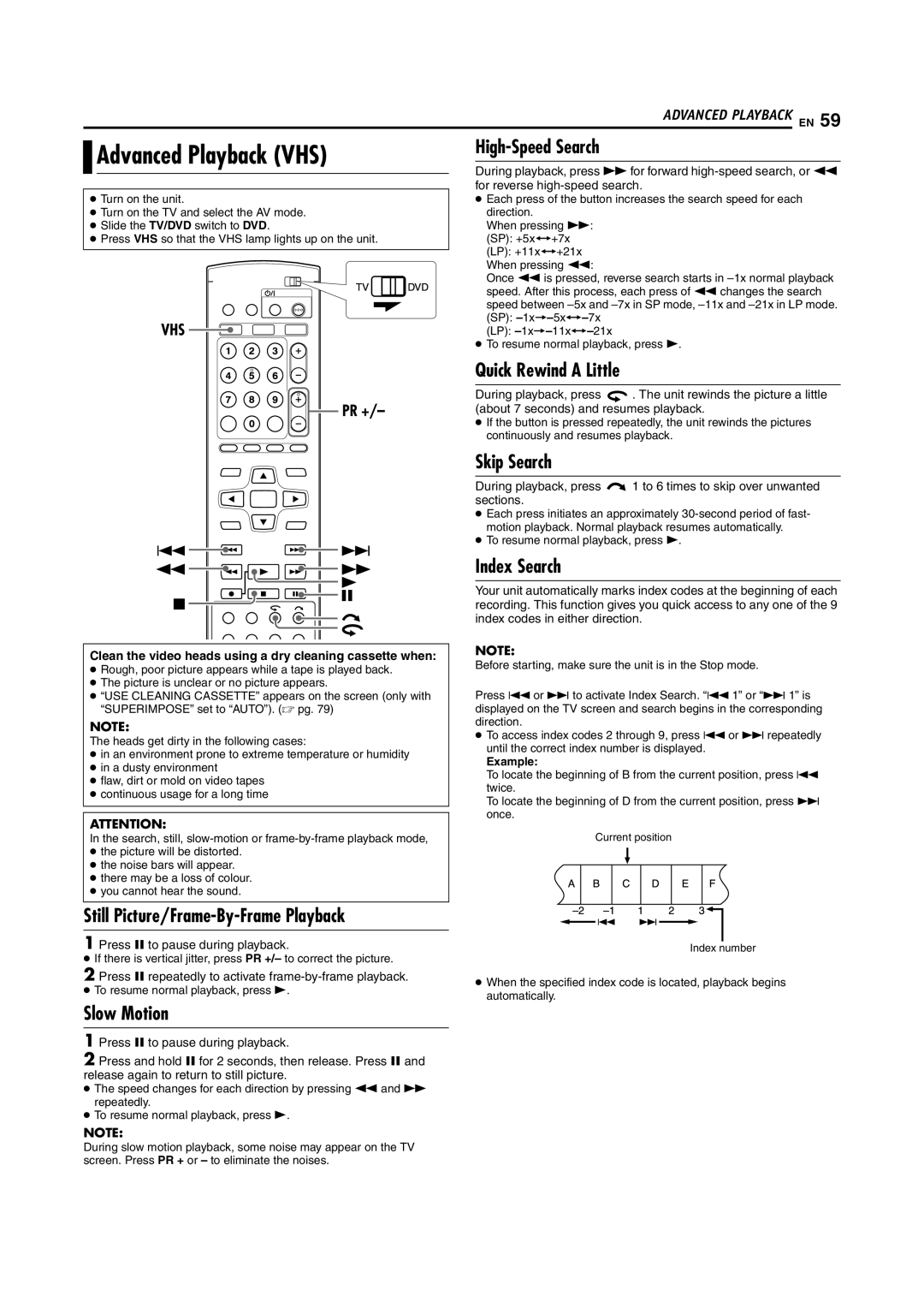 JVC LPT1092-001A manual Advanced Playback VHS, Quick Rewind a Little, Index Search, Press 9 to pause during playback 