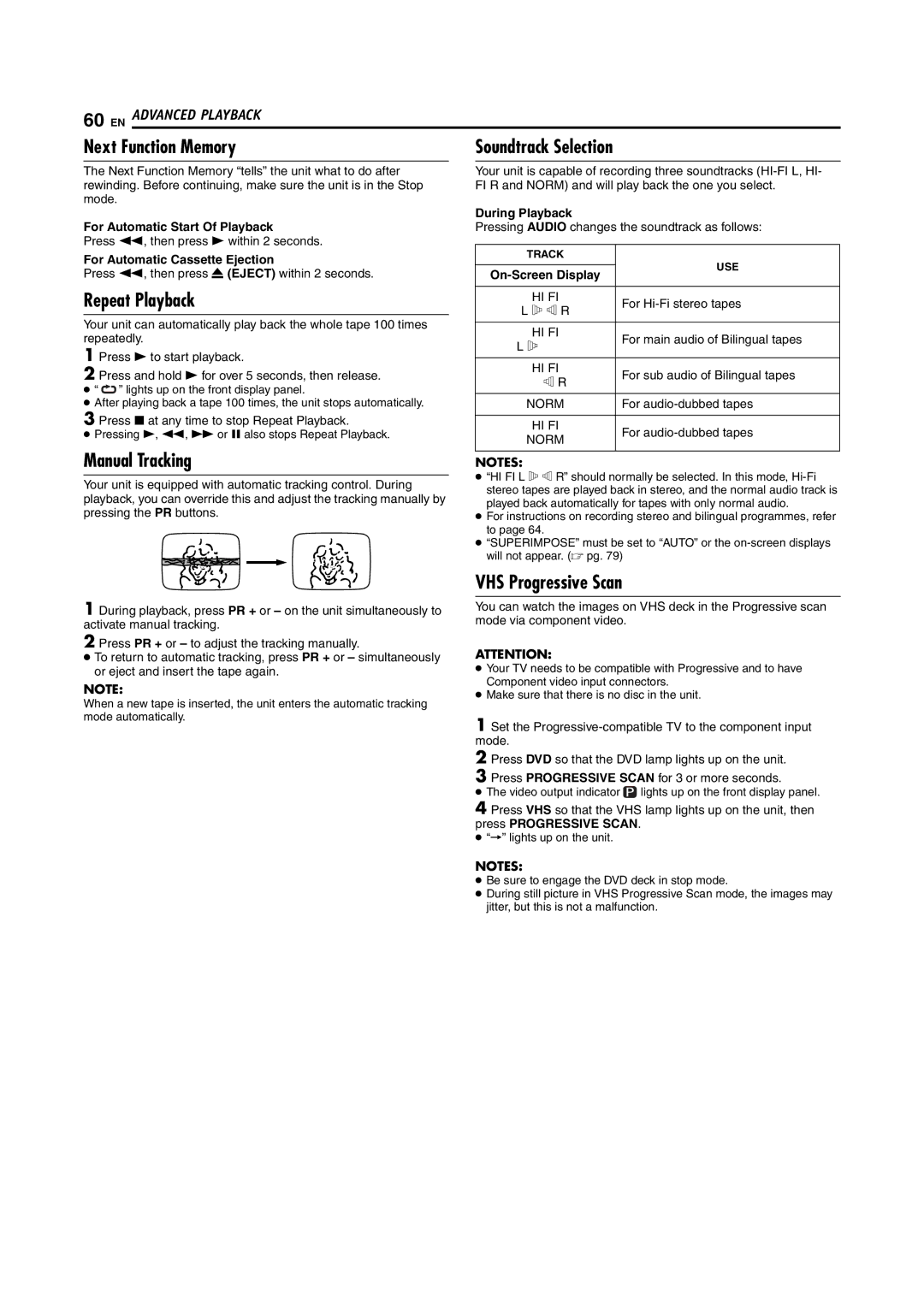 JVC LPT1092-001A manual Next Function Memory, Manual Tracking, VHS Progressive Scan, Soundtrack Selection 