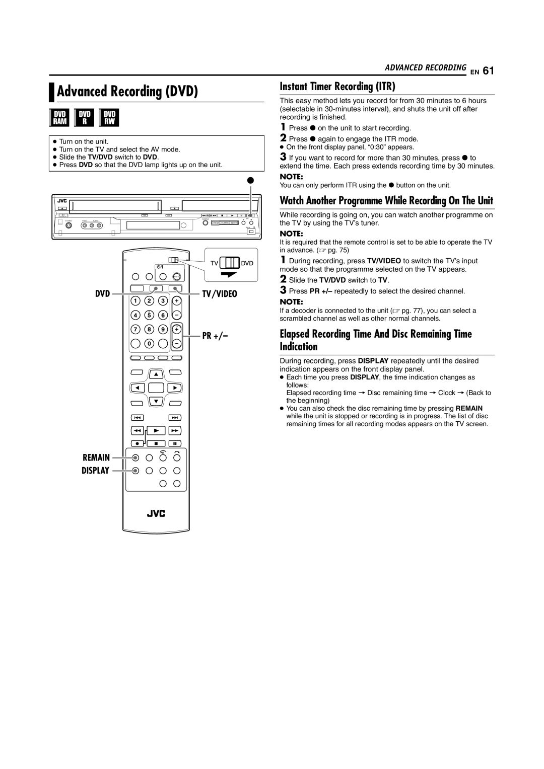 JVC LPT1092-001A manual Advanced Recording DVD, Instant Timer Recording ITR, Dvd Tv/Video, Remain Display 