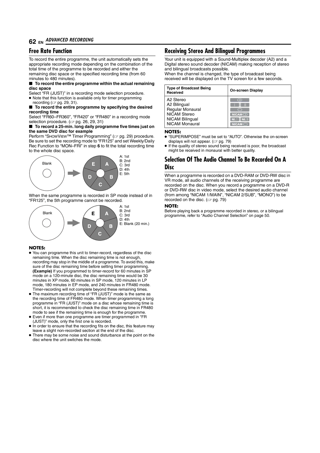 JVC LPT1092-001A manual Free Rate Function, Selection Of The Audio Channel To Be Recorded On a Disc 