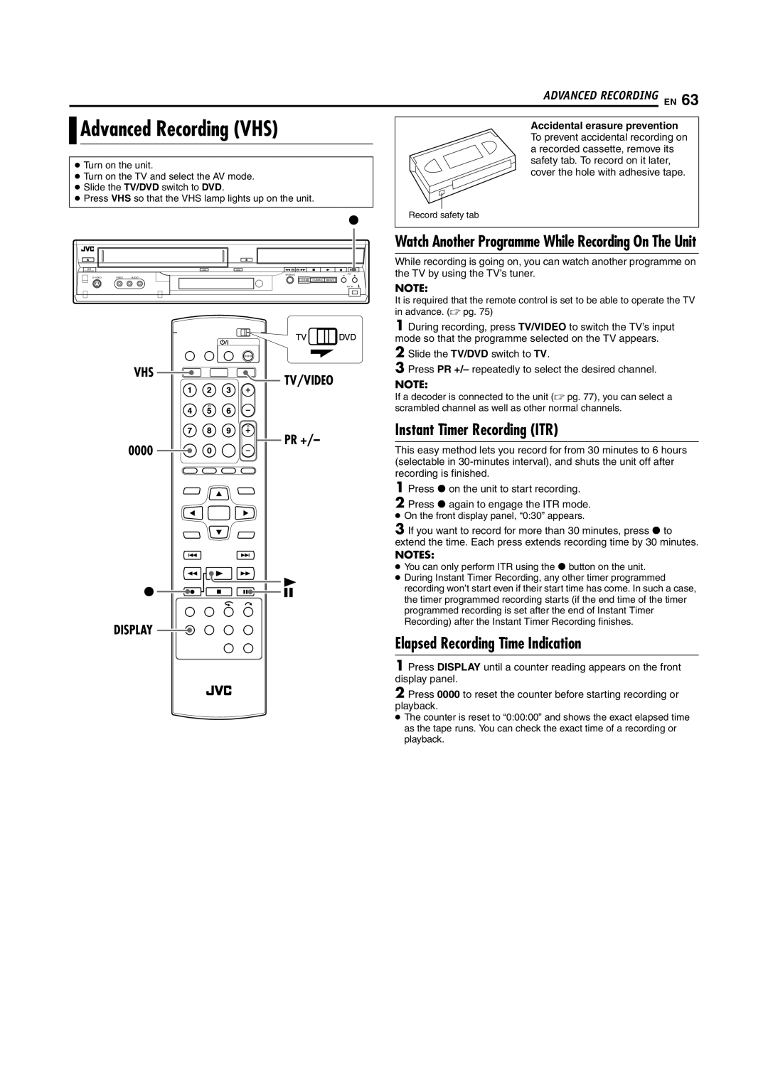 JVC LPT1092-001A manual Advanced Recording VHS, Elapsed Recording Time Indication, 0000, Accidental erasure prevention 